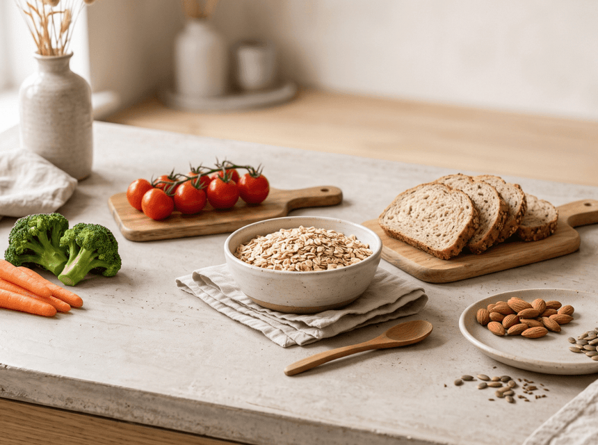 Fibre-rich foods including wholegrains, fruit, vegetables, lentils, nuts and seeds.