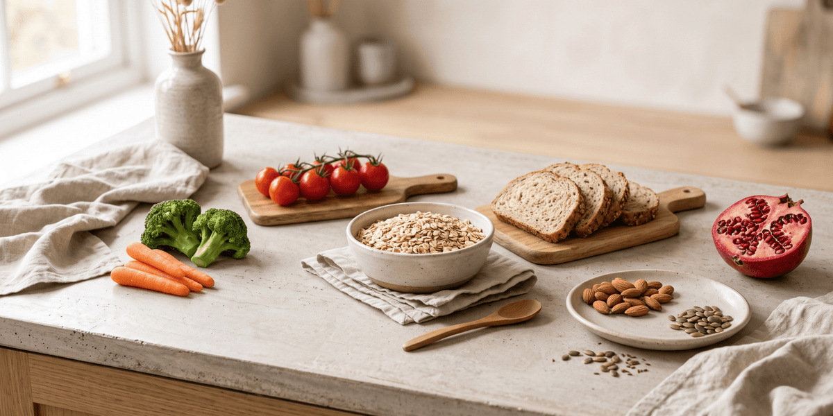 Fibre-rich foods including wholegrains, fruit, vegetables, lentils, nuts and seeds.