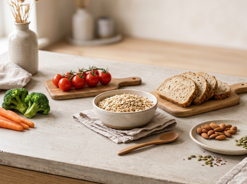 Fibre-rich foods including wholegrains, fruit, vegetables, lentils, nuts and seeds.