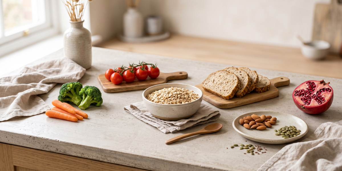 Fibre-rich foods including wholegrains, fruit, vegetables, lentils, nuts and seeds.