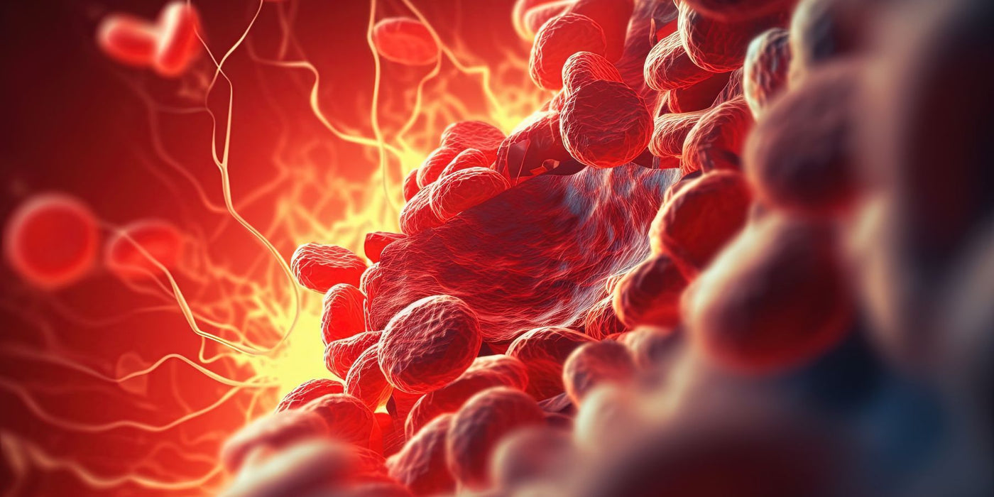 Close-up of red blood cells in a glowing bloodstream illustrating iron in the blood.