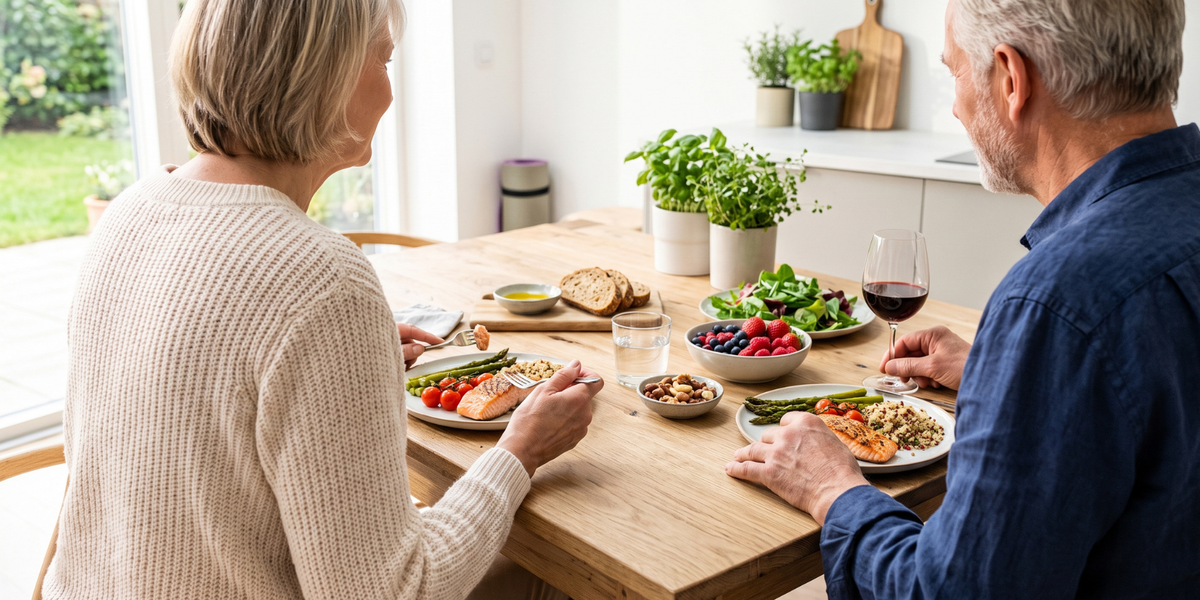 Two older people eating dinner with healthy ageing nutrient food.
