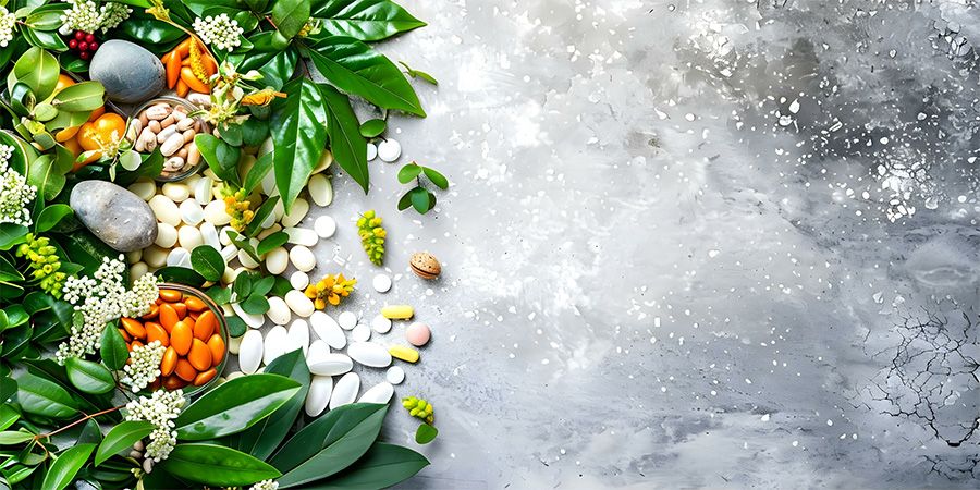 Colorful pills and capsules arranged with green leaves and natural supplements.