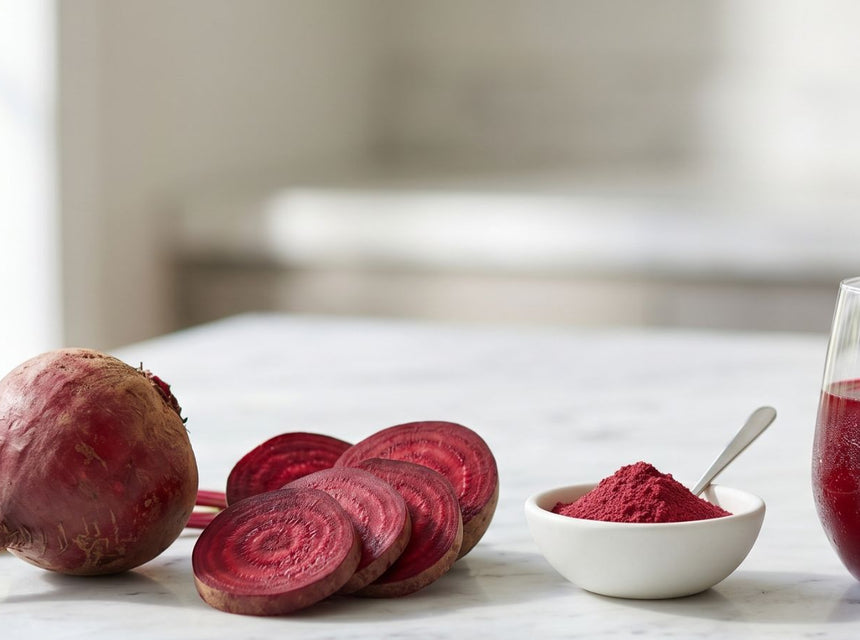 Fresh beetroot beside beetroot powder and juice used for exercise and wellness support