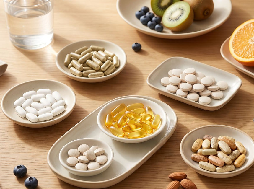 A selection of everyday vitamin and mineral supplements arranged neatly beside a healthy breakfast, representing a beginner's supplement routine