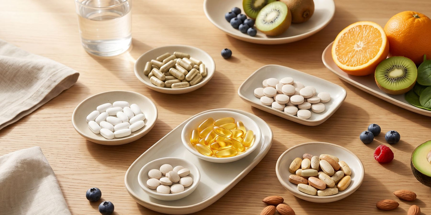 A selection of everyday vitamin and mineral supplements arranged neatly beside a healthy breakfast, representing a beginner's supplement routine