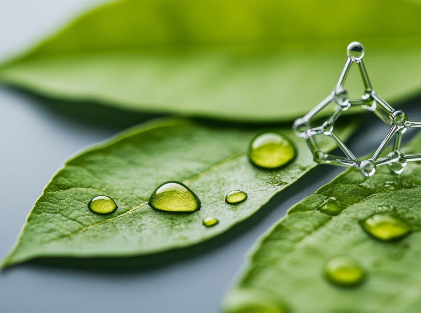 Close up of green leaves with dew droplets and a glass molecular model illustrating biotin chemistry.