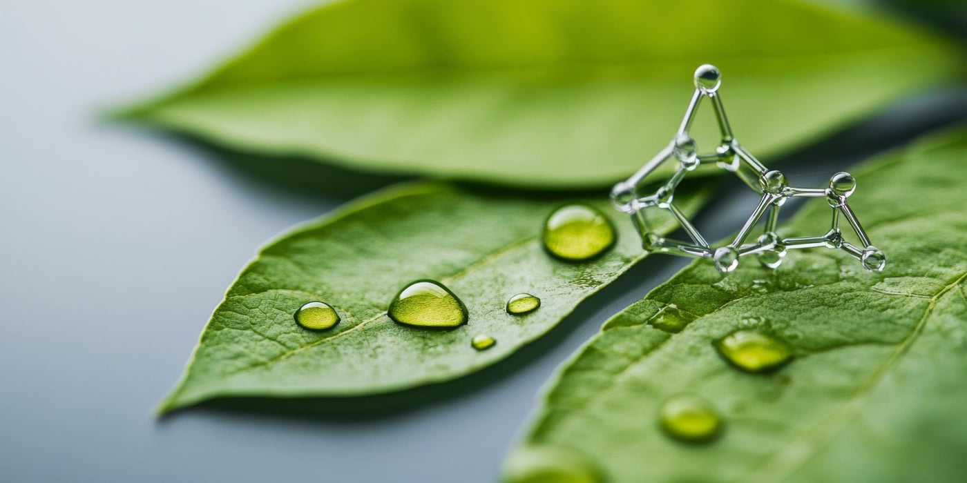 Close up of green leaves with dew droplets and a glass molecular model illustrating biotin chemistry.