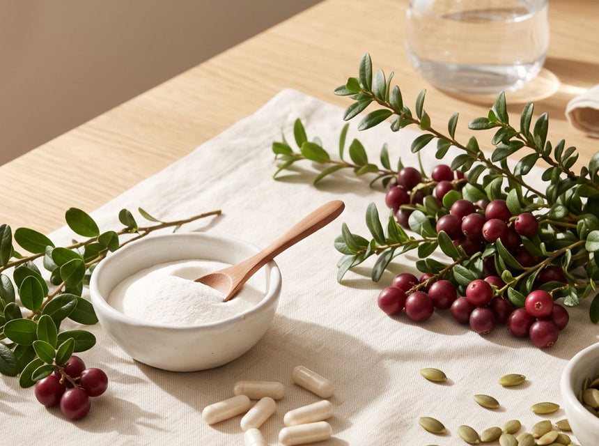 Fresh cranberries, D-mannose powder and capsules, and pumpkin seeds arranged on a stylish natural surface, representing natural bladder and urinary tract support.