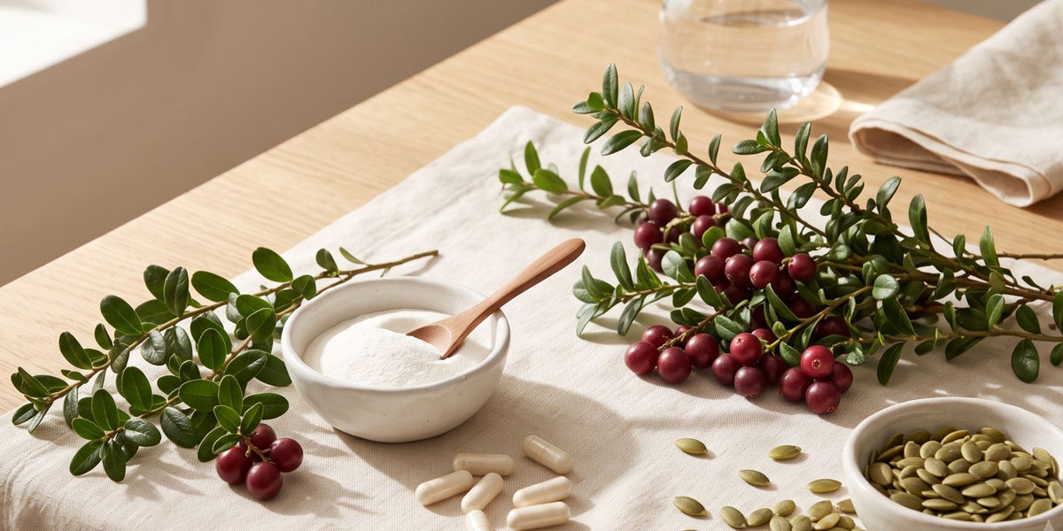 Fresh cranberries, D-mannose powder and capsules, and pumpkin seeds arranged on a stylish natural surface, representing natural bladder and urinary tract support.