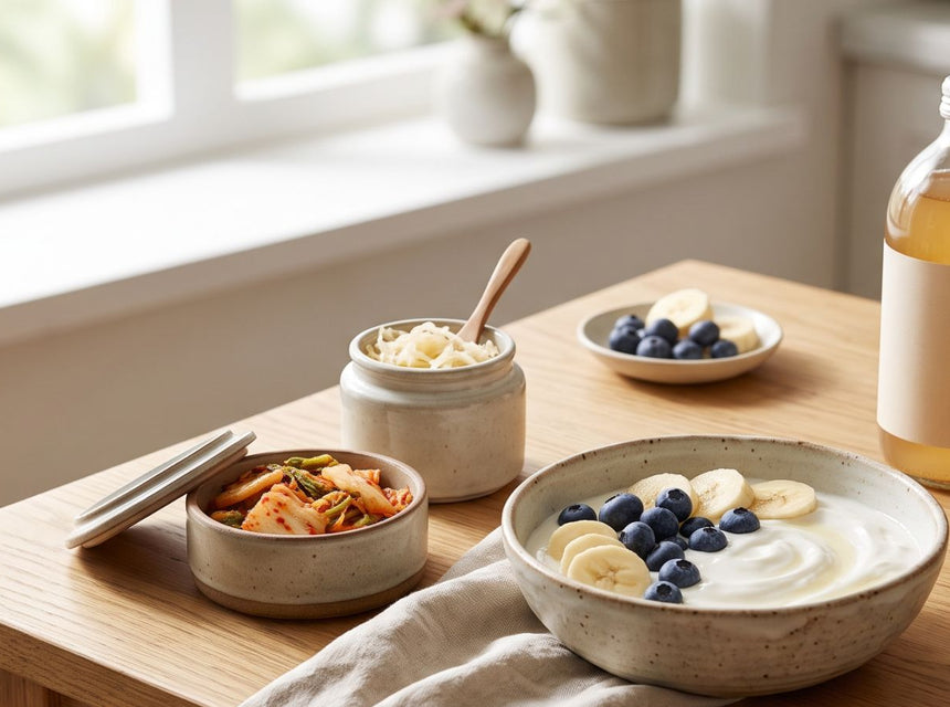 Healthy foods including fruit, vegetables, wholegrains and live culture supplements representing a balanced approach to gut health