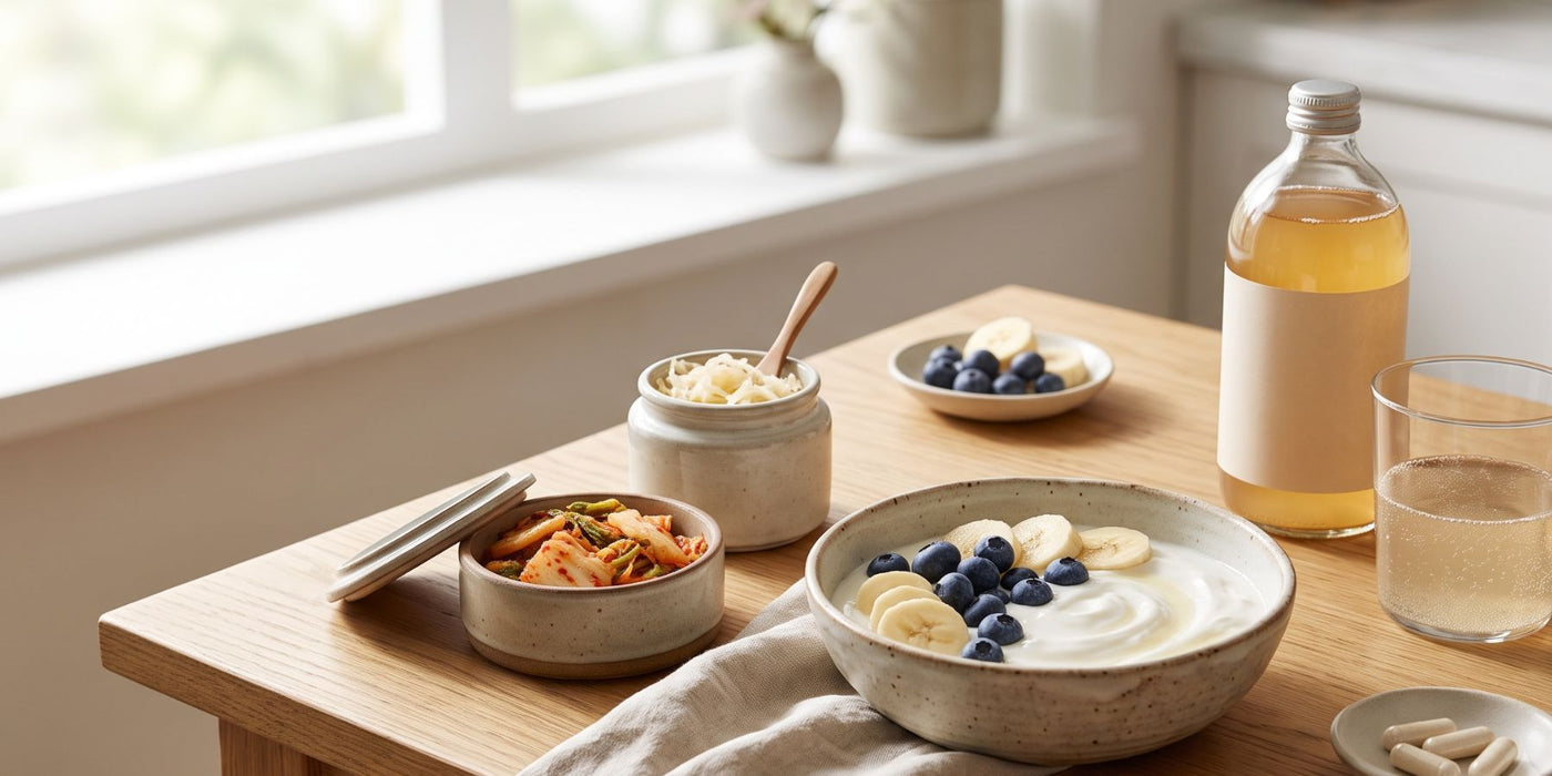 Healthy foods including fruit, vegetables, wholegrains and live culture supplements representing a balanced approach to gut health