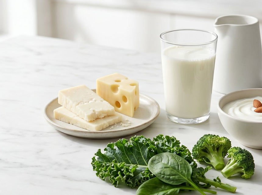 Plate of cheese, a glass of milk, and yogurt with almonds and greens on a marble surface