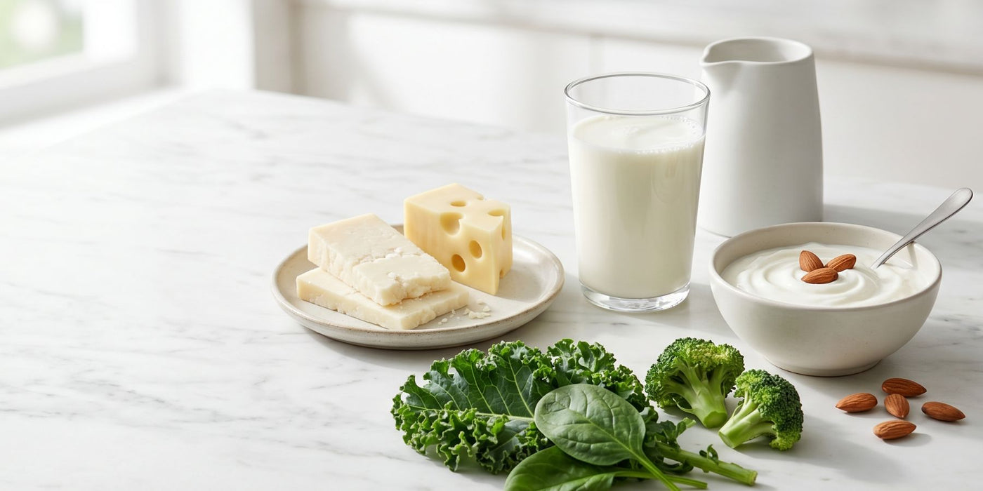 Plate of cheese, a glass of milk, and yogurt with almonds and greens on a marble surface