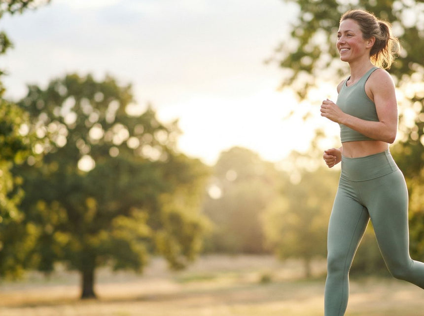 Smiling woman in sage green activewear jogging in a sunlit park