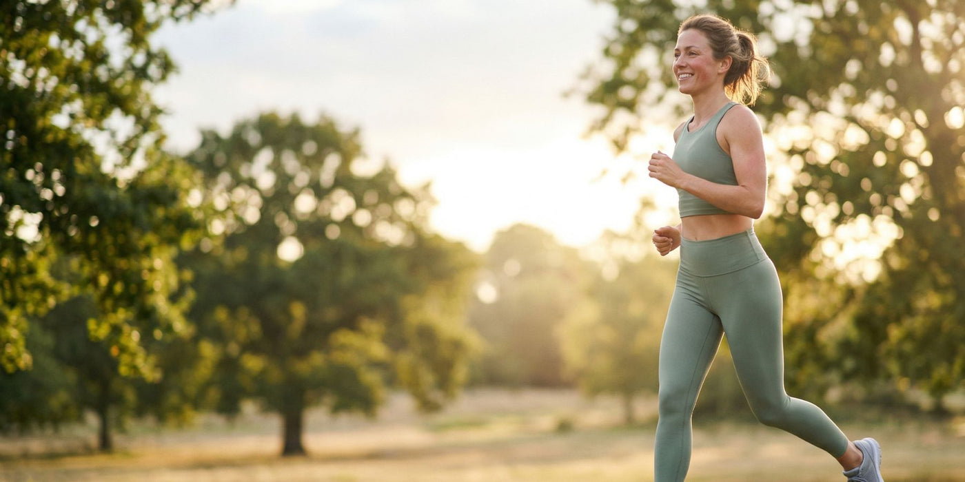 Smiling woman in sage green activewear jogging in a sunlit park