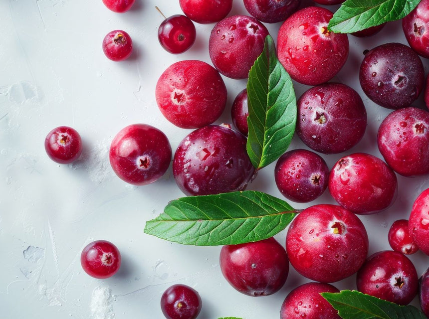 Cranberries with green leaves on a pale textured surface