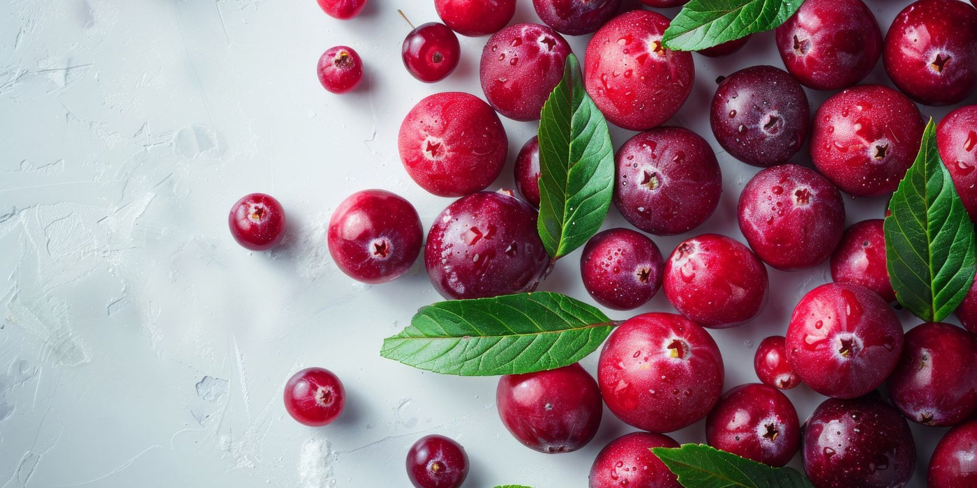 Cranberries with green leaves on a pale textured surface