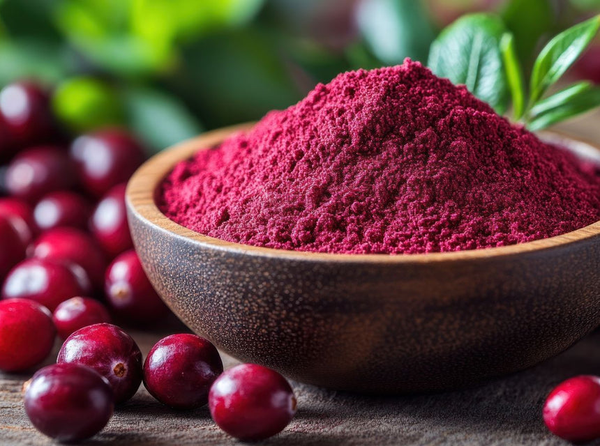 Crimson cranberry powder heaped in a wooden bowl with fresh cranberries nearby