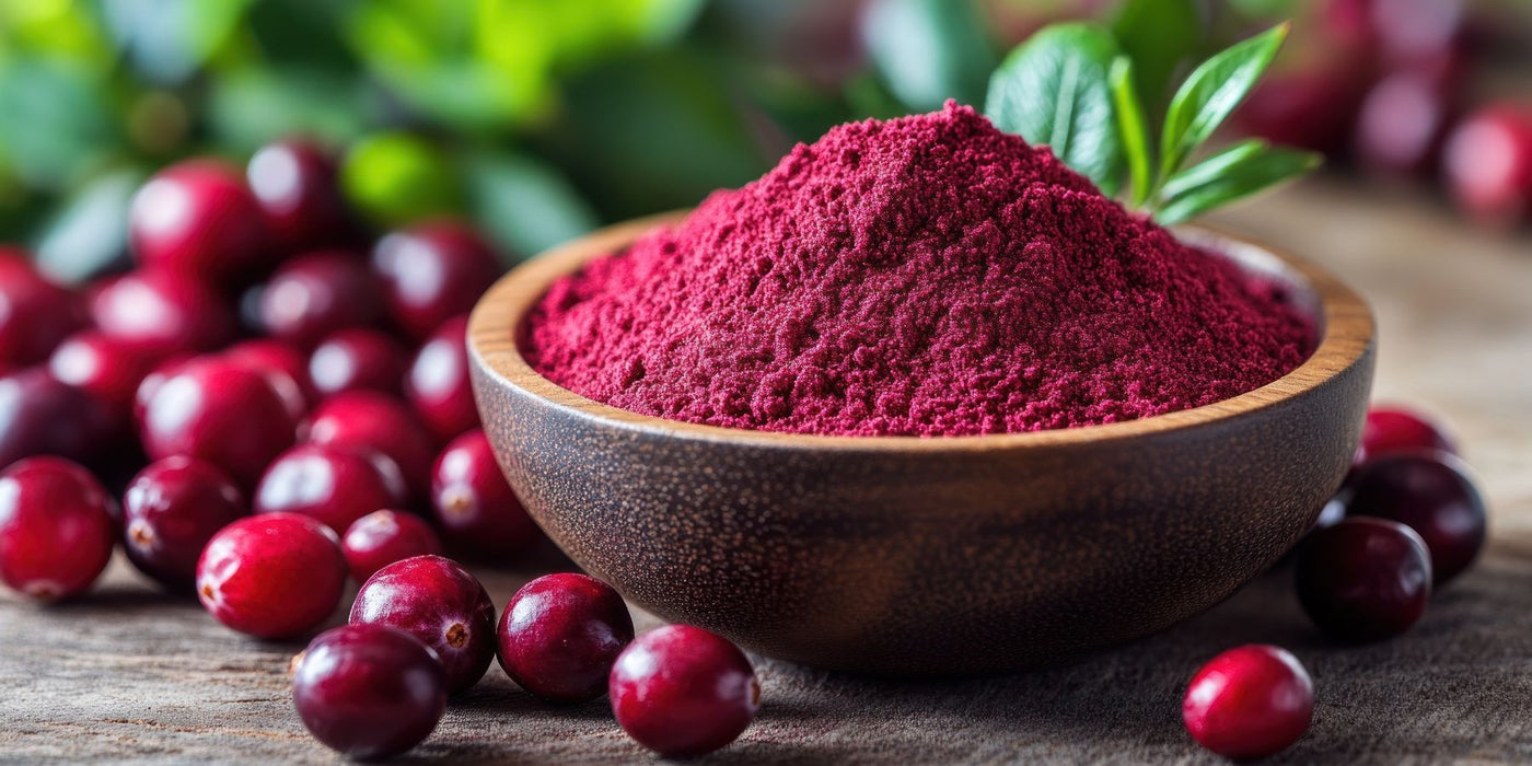 Crimson cranberry powder heaped in a wooden bowl with fresh cranberries nearby