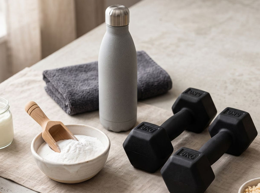 Creatine powder beside a water bottle, dumbbells and healthy foods associated with strength training and active lifestyles.