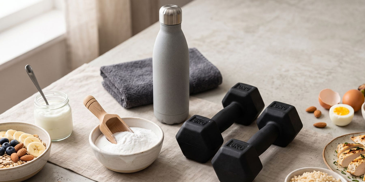 Creatine powder beside a water bottle, dumbbells and healthy foods associated with strength training and active lifestyles.
