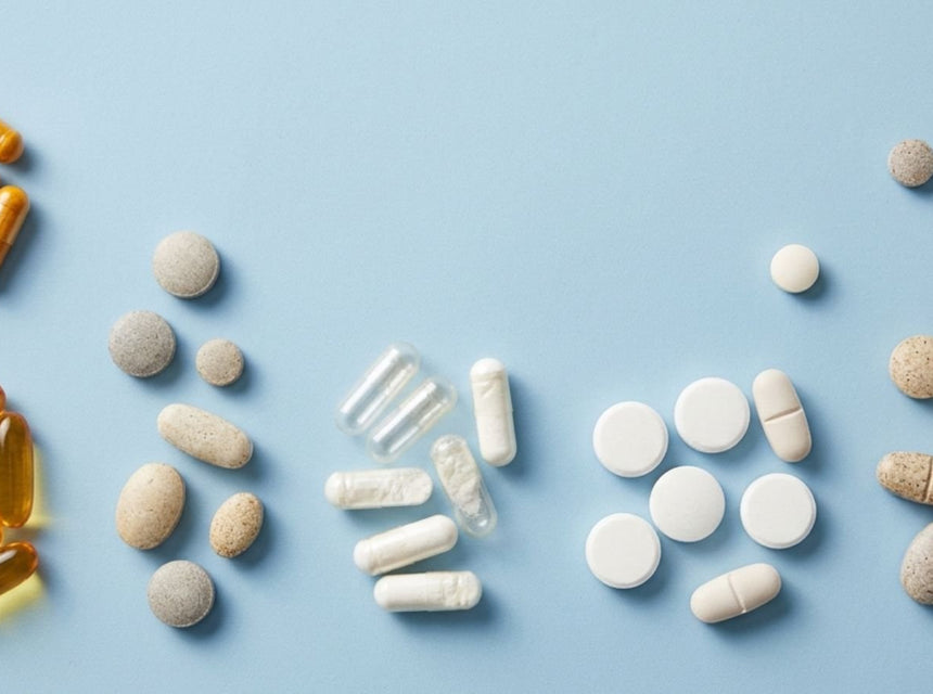 Assortment of different supplements against a pale blue background