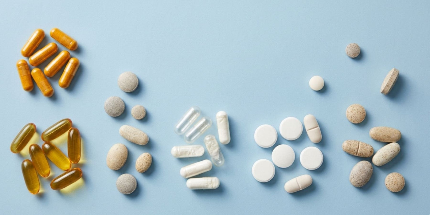 Assortment of different supplements against a pale blue background