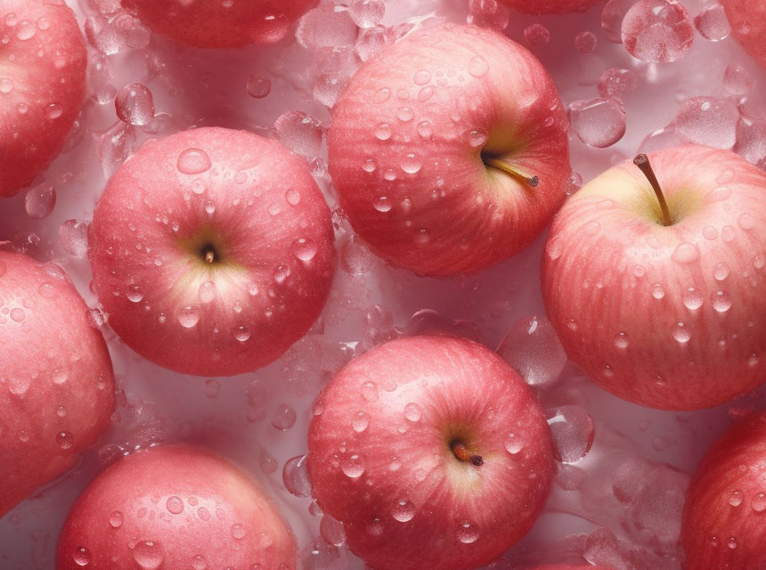 Fresh red apples with water droplets resting on ice.