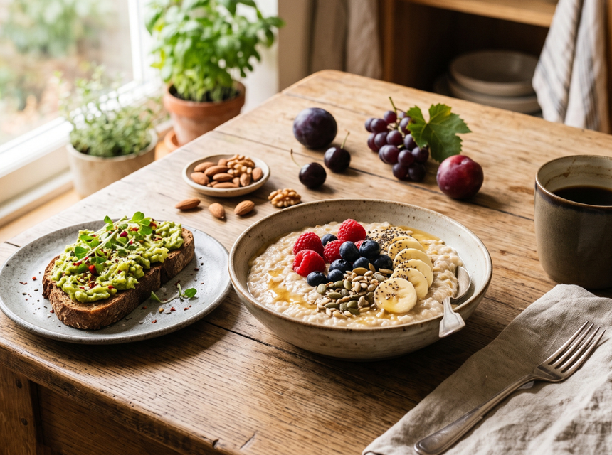 Healthy breakfast with fruit, wholegrains, nuts and coffee to represent everyday energy and balanced nutrition.
