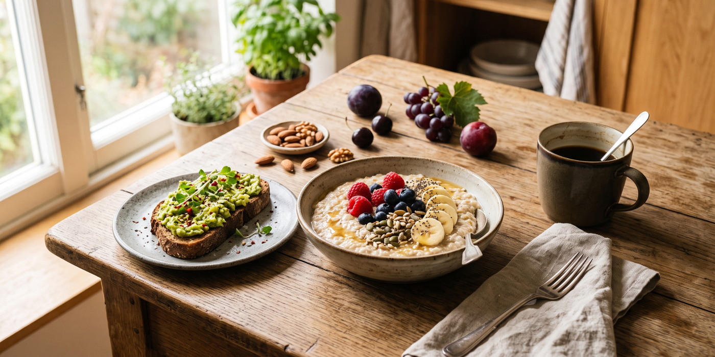 Healthy breakfast with fruit, wholegrains, nuts and coffee to represent everyday energy and balanced nutrition.