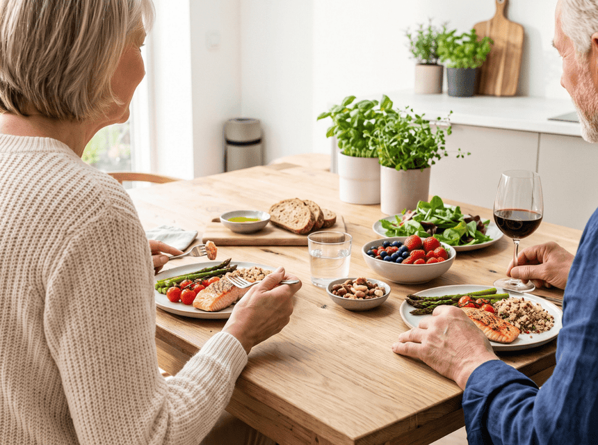 Two older people eating dinner with healthy ageing nutrient food.