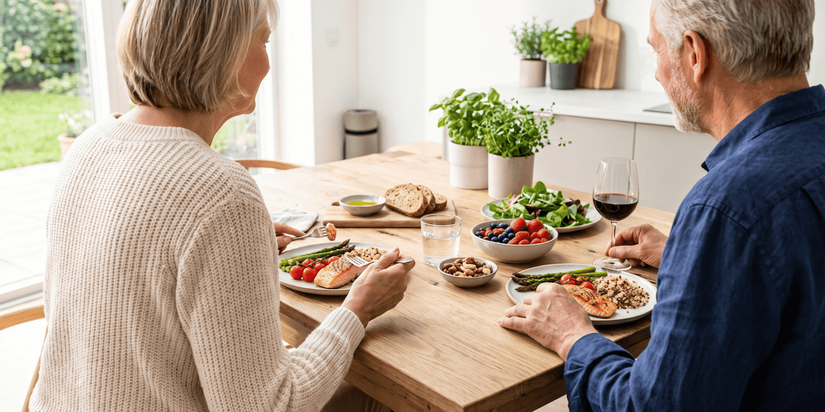 Two older people eating dinner with healthy ageing nutrient food.