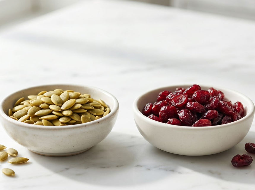 Pumpkin seeds and cranberries in bowls on a marble counter top.