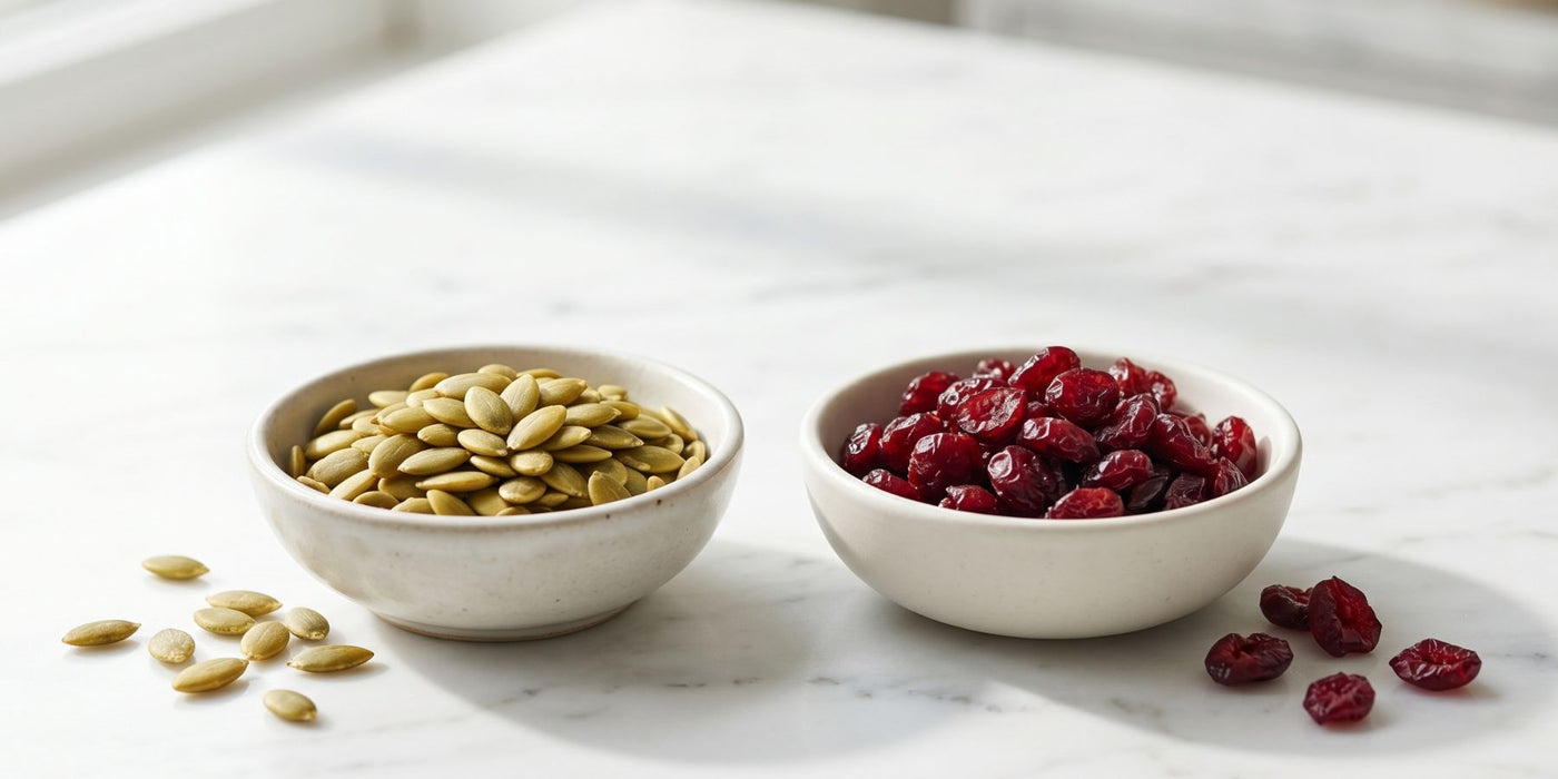 Pumpkin seeds and cranberries in bowls on a marble counter top.