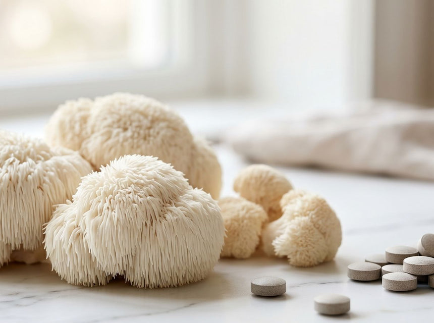 Fresh Lion’s Mane mushrooms beside Lion’s Mane tablets used for focus and brain health support