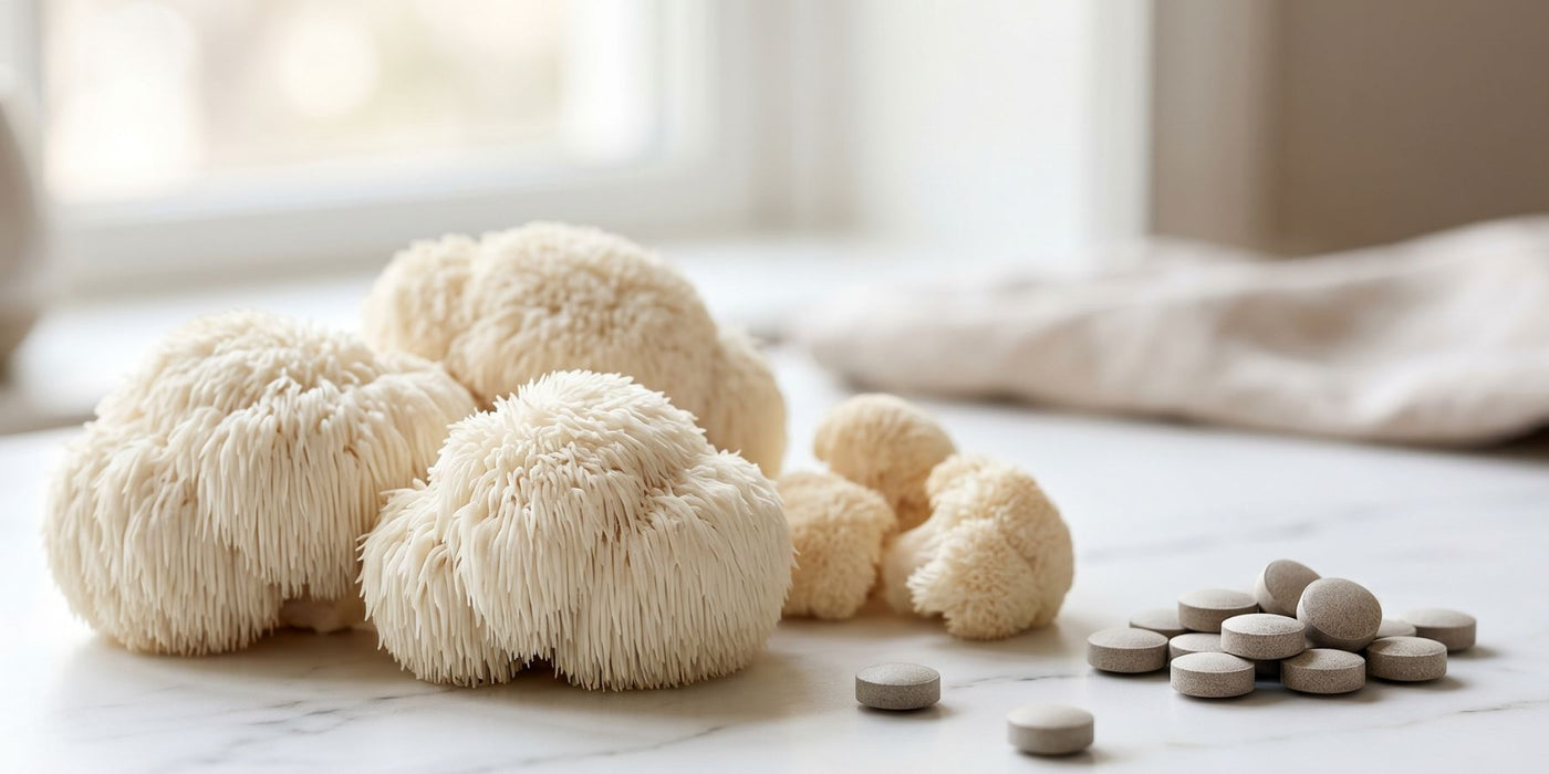 Fresh Lion’s Mane mushrooms beside Lion’s Mane tablets used for focus and brain health support