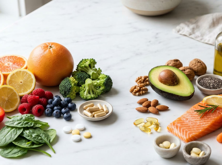 Collection of vitamins and healthy foods illustrating fat-soluble and water-soluble nutrients
