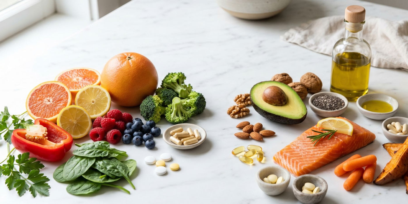 Collection of vitamins and healthy foods illustrating fat-soluble and water-soluble nutrients
