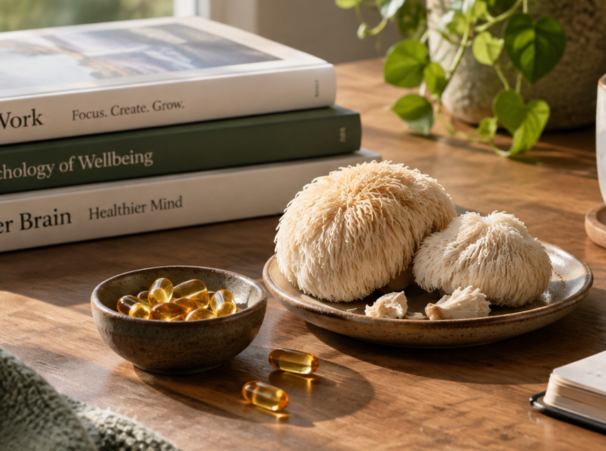 Lion's Mane mushrooms, omega-3 softgels and some books representing focus and cognitive wellbeing.