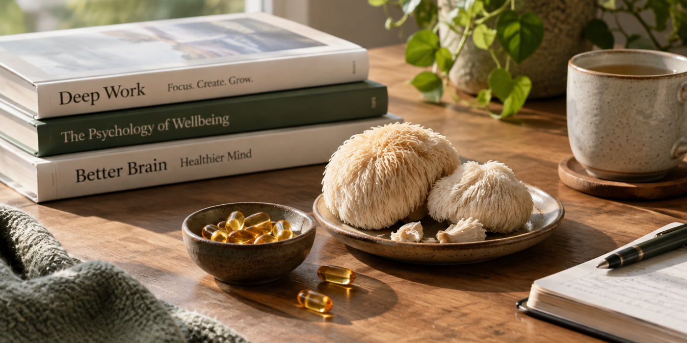 Lion's Mane mushrooms, omega-3 softgels and some books representing focus and cognitive wellbeing.