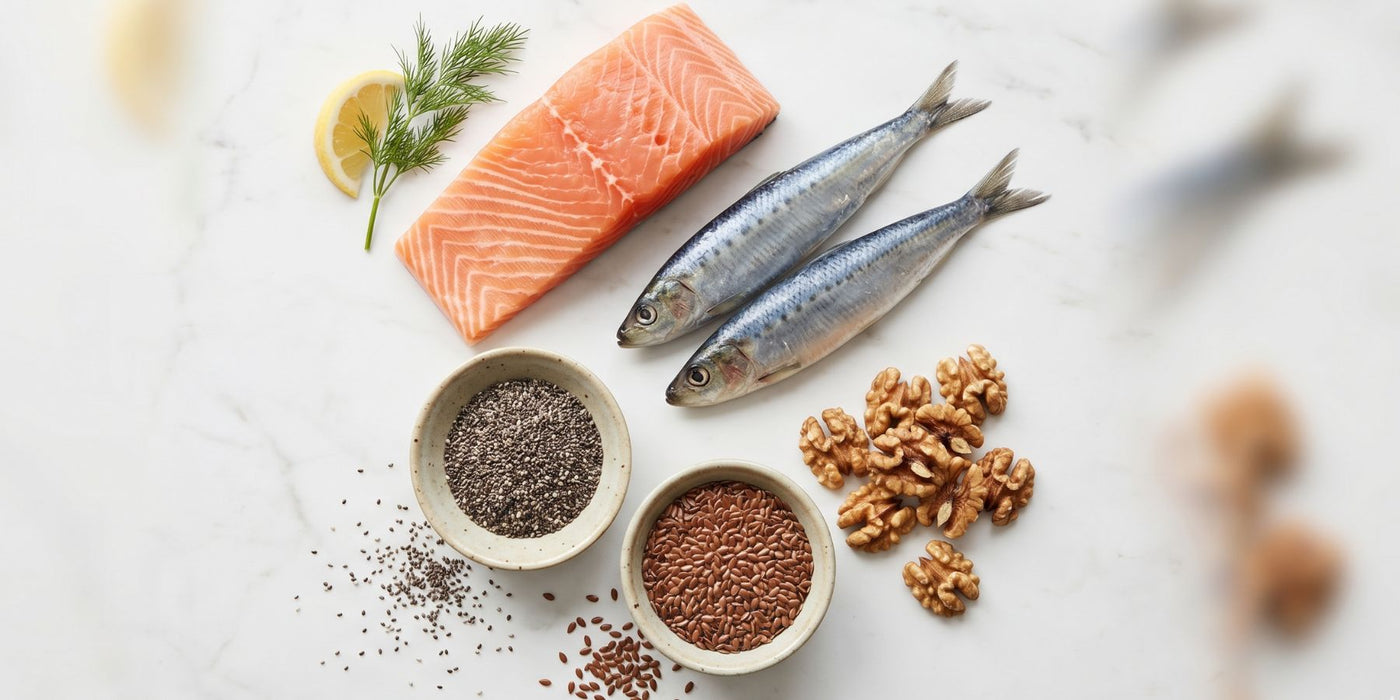 Omega-3-rich foods including salmon, sardines, walnuts, chia seeds and flaxseeds