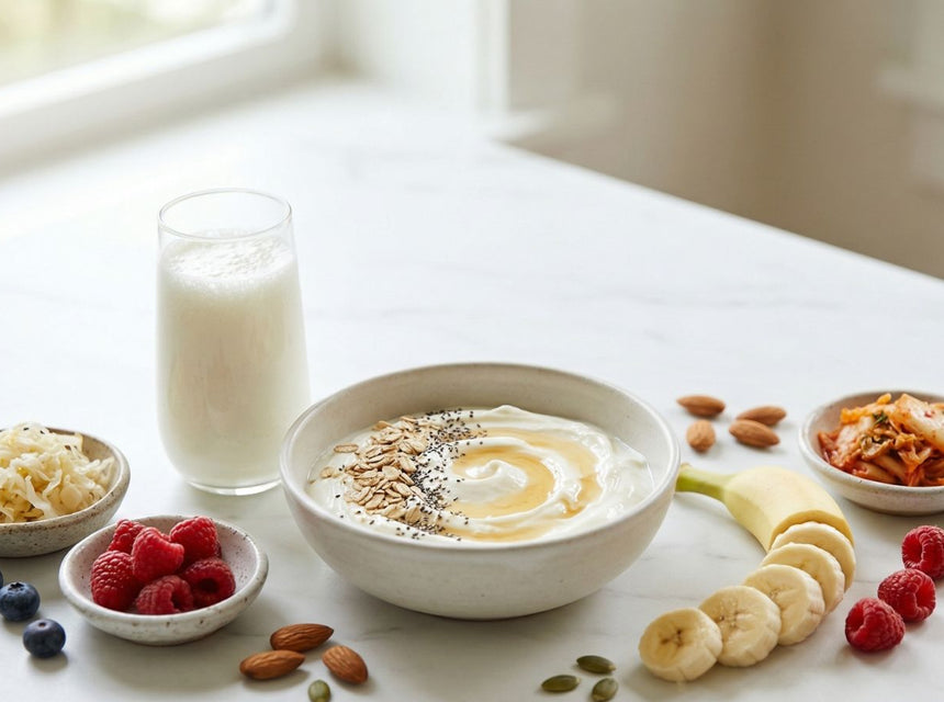 Creamy yogurt bowl with seeds and honey surrounded by berries banana slices and a glass of milk on a marble table