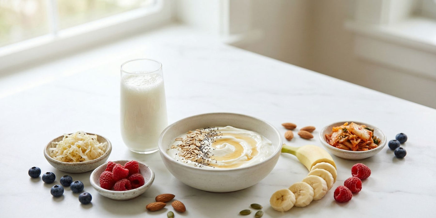 Creamy yogurt bowl with seeds and honey surrounded by berries banana slices and a glass of milk on a marble table