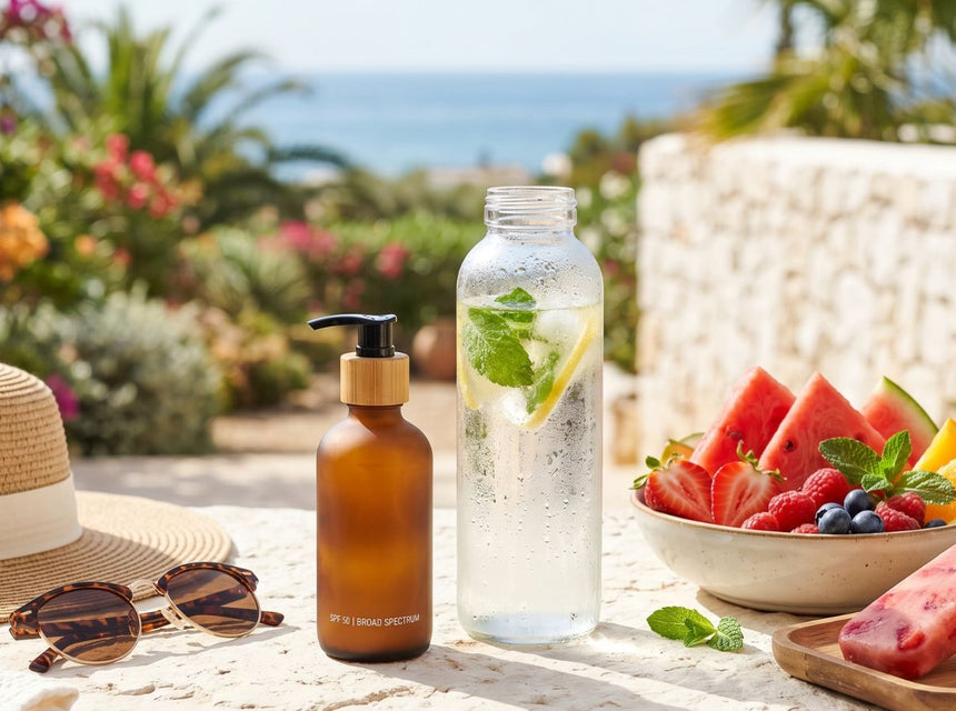 Summer wellness essentials including vitamins, water, fruit and supplements on a sunny day.