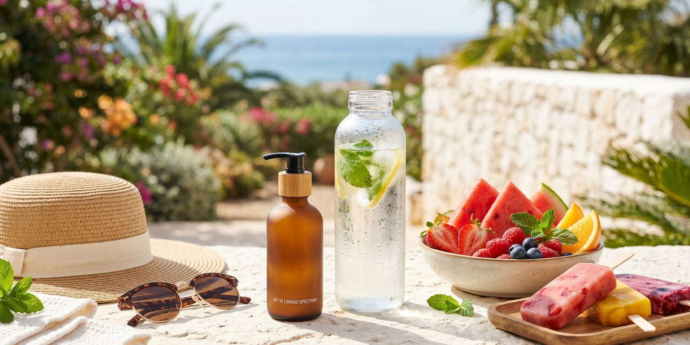 Summer wellness essentials including vitamins, water, fruit and supplements on a sunny day.