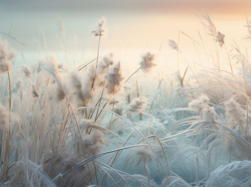 Frosty tall grasses at sunset in pastel colors for a serene winter scene.