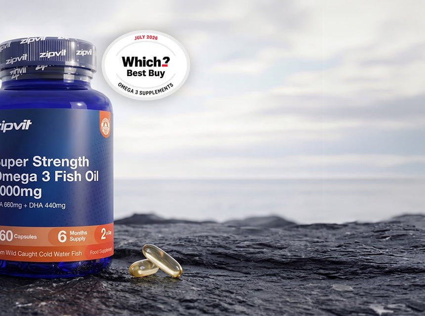 Zipvit Super Strength Omega 3 Fish Oil 2000mg with 2 softgels by the side with the backdrop of the ocean.