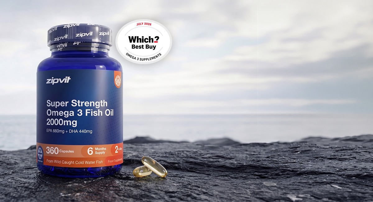 Zipvit Super Strength Omega 3 Fish Oil 2000mg with 2 softgels by the side with the backdrop of the ocean.