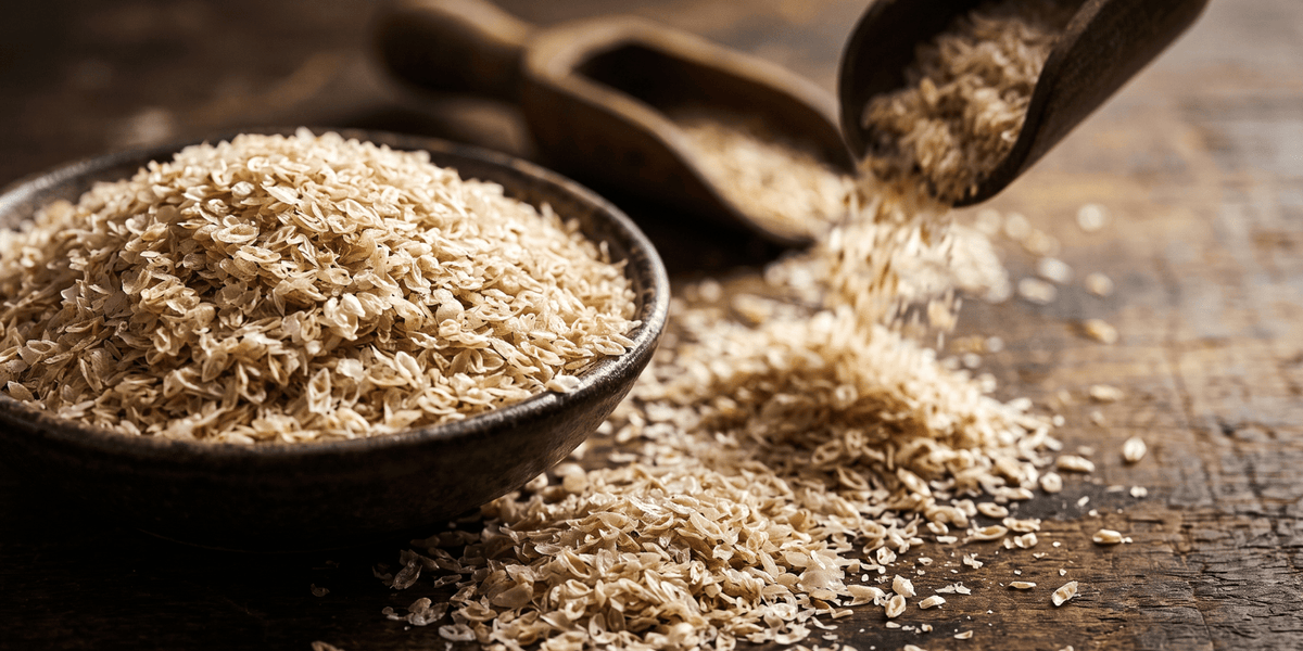 Psyllium husk in a big bowl and on a wooden table top